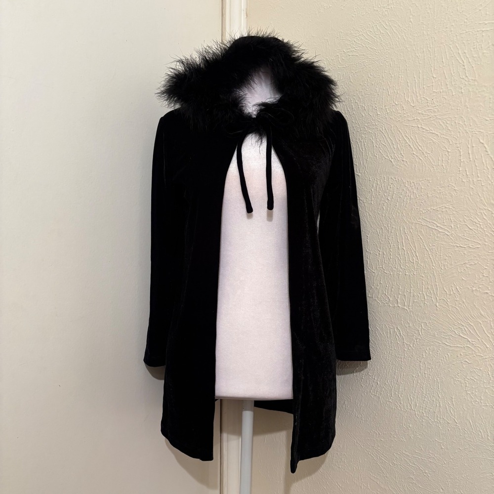 Black Velvet Feather Trim Tie Front Hooded Cardigan Goth Whimsygoth Witchy Sz M